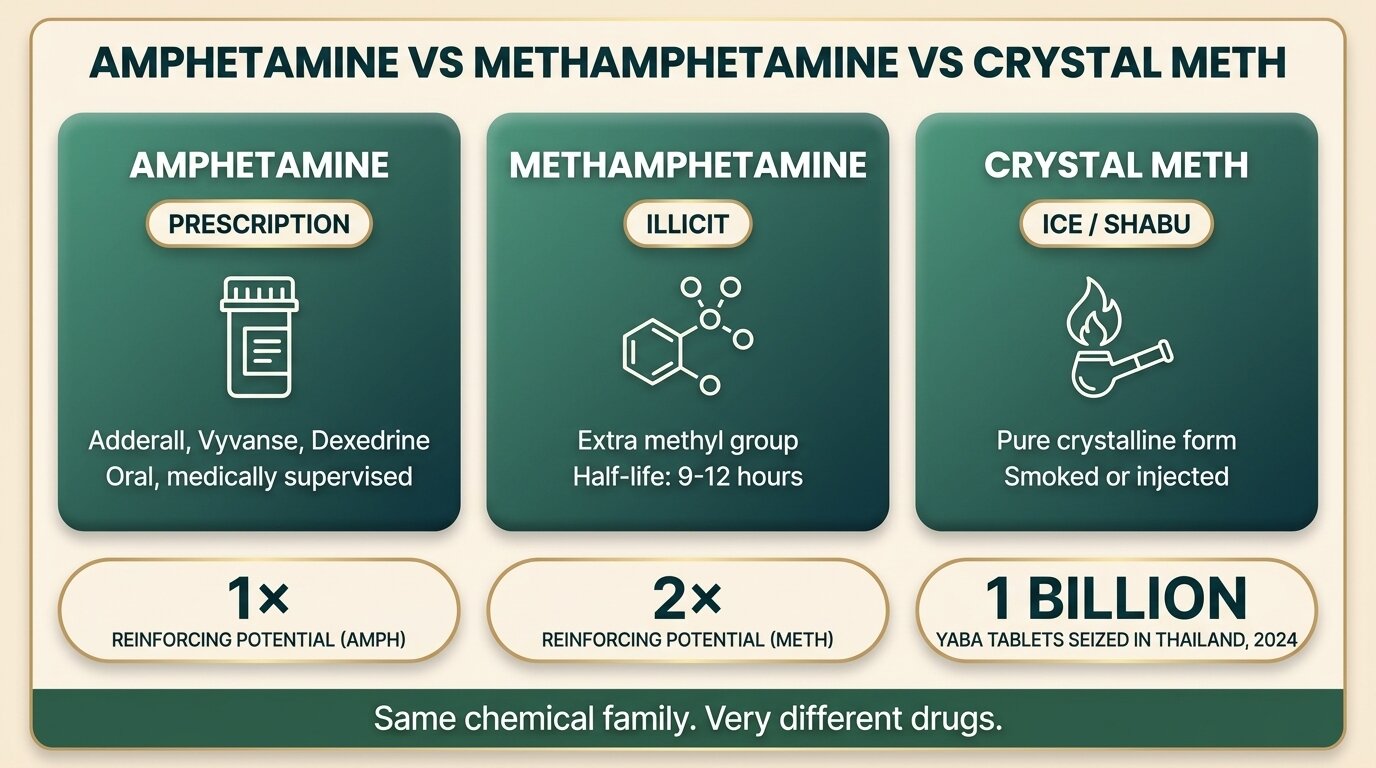 Infographic comparing amphetamine vs methamphetamine vs crystal meth — chemical, pharmacological, and street differences