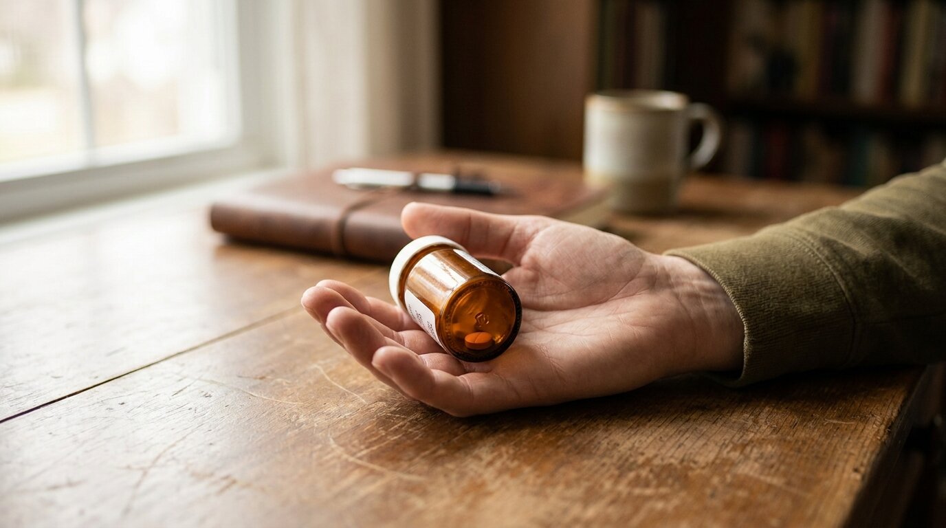 Prescription amphetamine pill bottle on a desk — Adderall, Vyvanse and Dexedrine are amphetamines