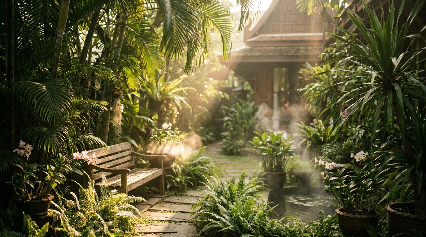 Quiet garden path at One Step Rehab Chiang Mai — meth addiction treatment setting