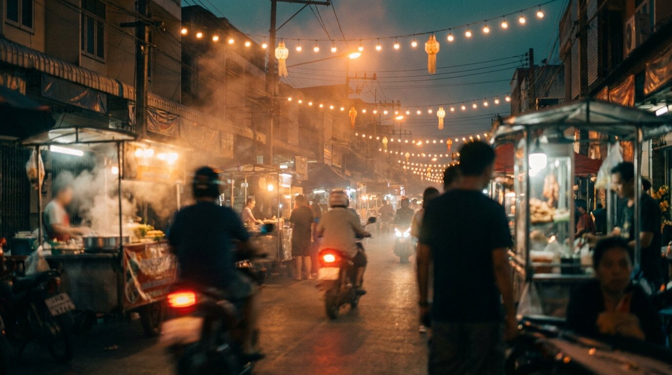 Thai night market at twilight — context for yaba and methamphetamine in Southeast Asia