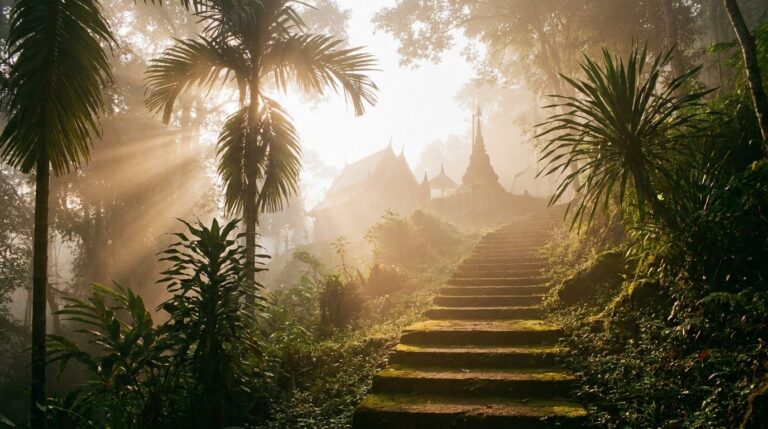 Misty dawn light over a stone path leading to a temple in the hills outside Chiang Mai