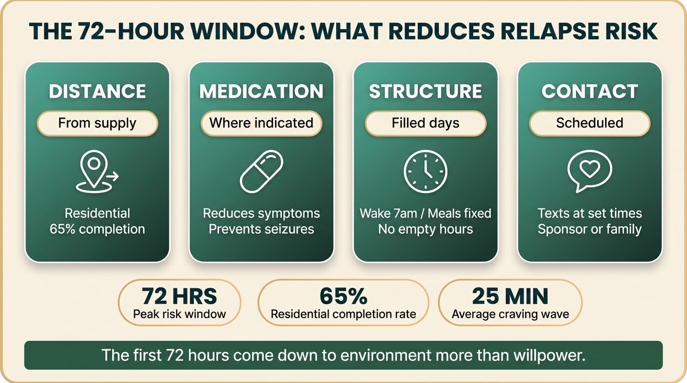 Infographic showing the four protective factors that reduce relapse risk during the first 72 hours of withdrawal: distance, medication, structure, and contact