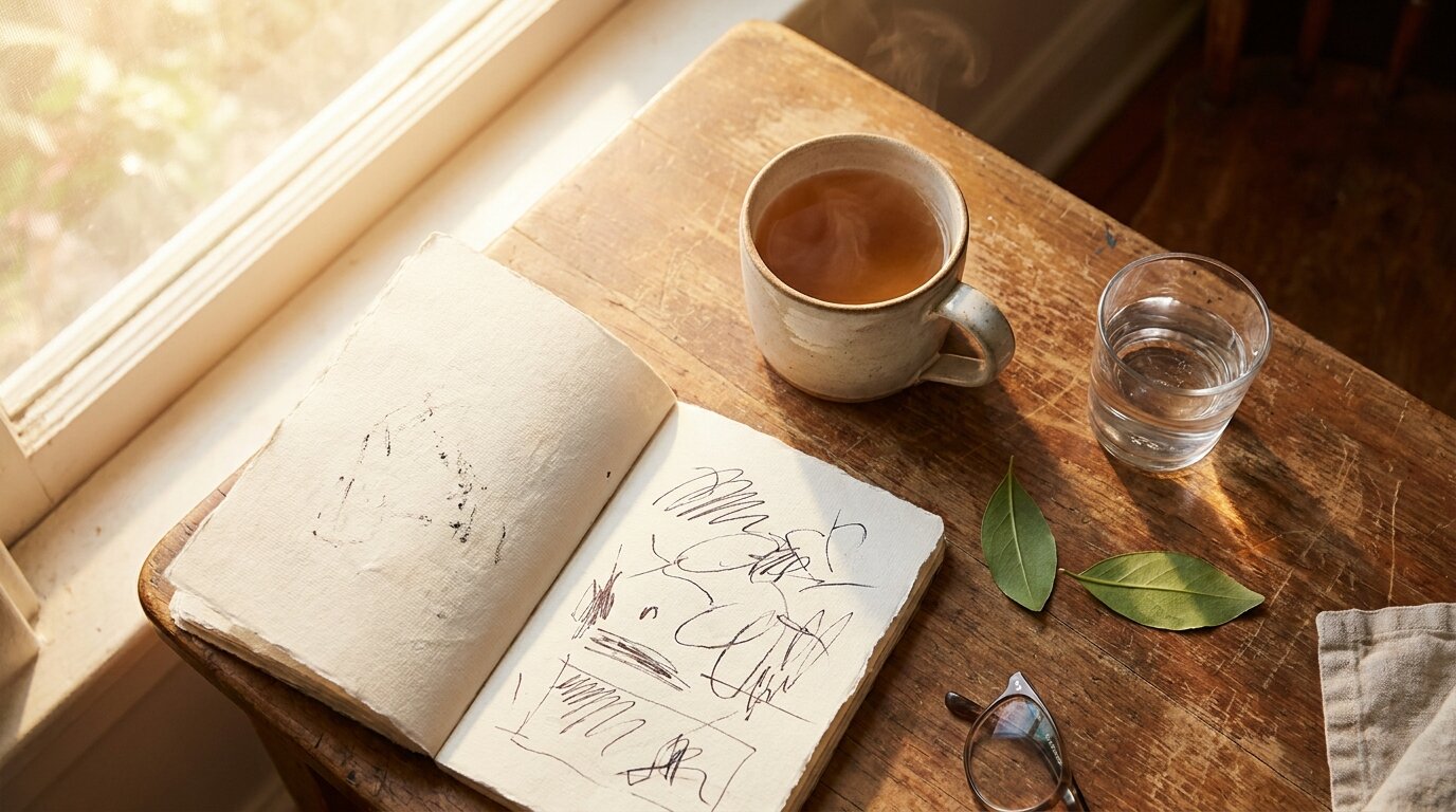 Open journal and glass of water on a wooden table at dawn — journaling craving spikes as a tactic to reduce relapse risk during withdrawal