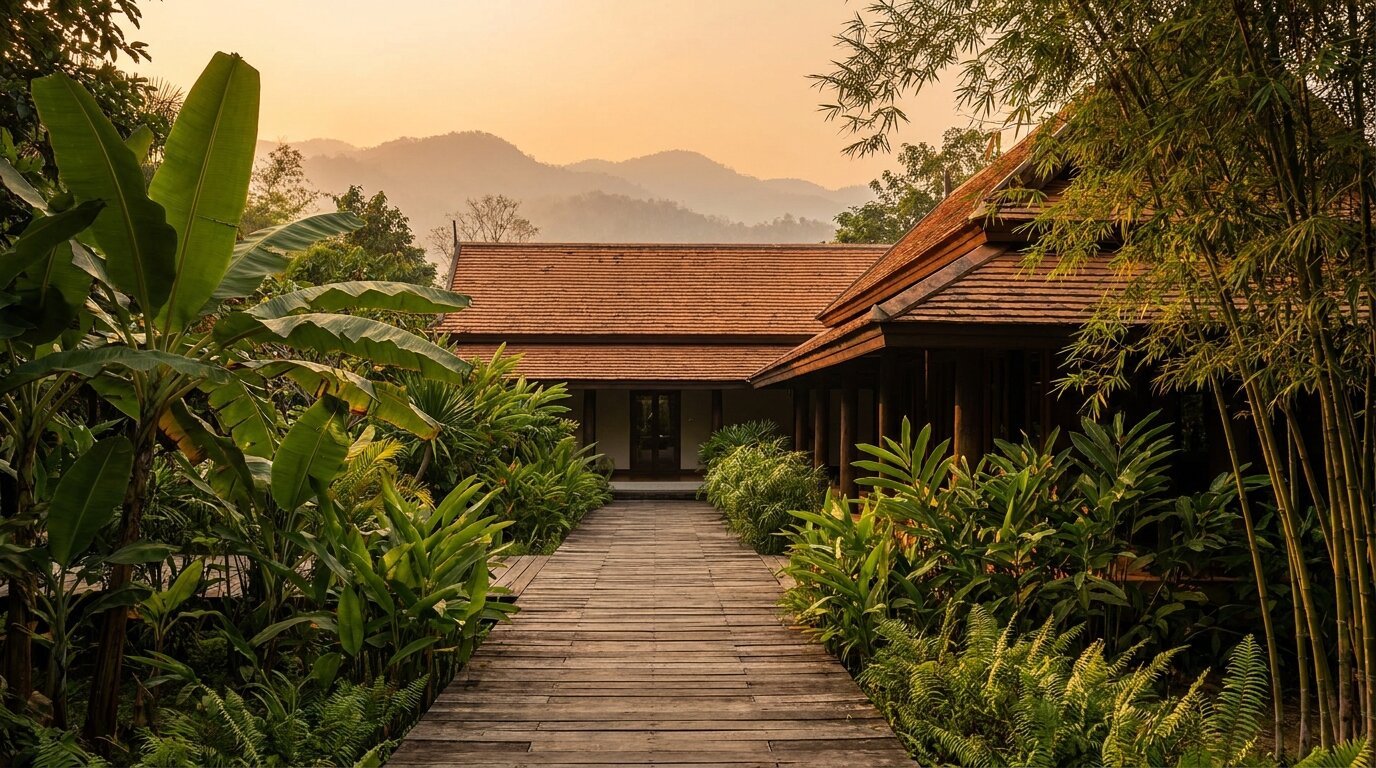 Quiet residential treatment courtyard in northern Thailand at golden hour, illustrating distance from supply as a protective factor against relapse during withdrawal