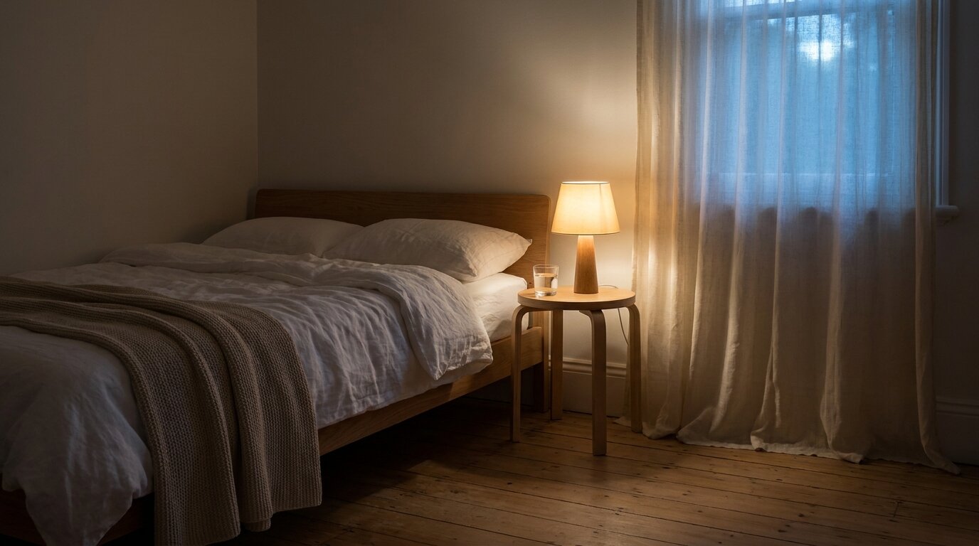 Calm minimal bedroom at night with white linen and a bedside lamp — supporting sleep during the first nights of withdrawal