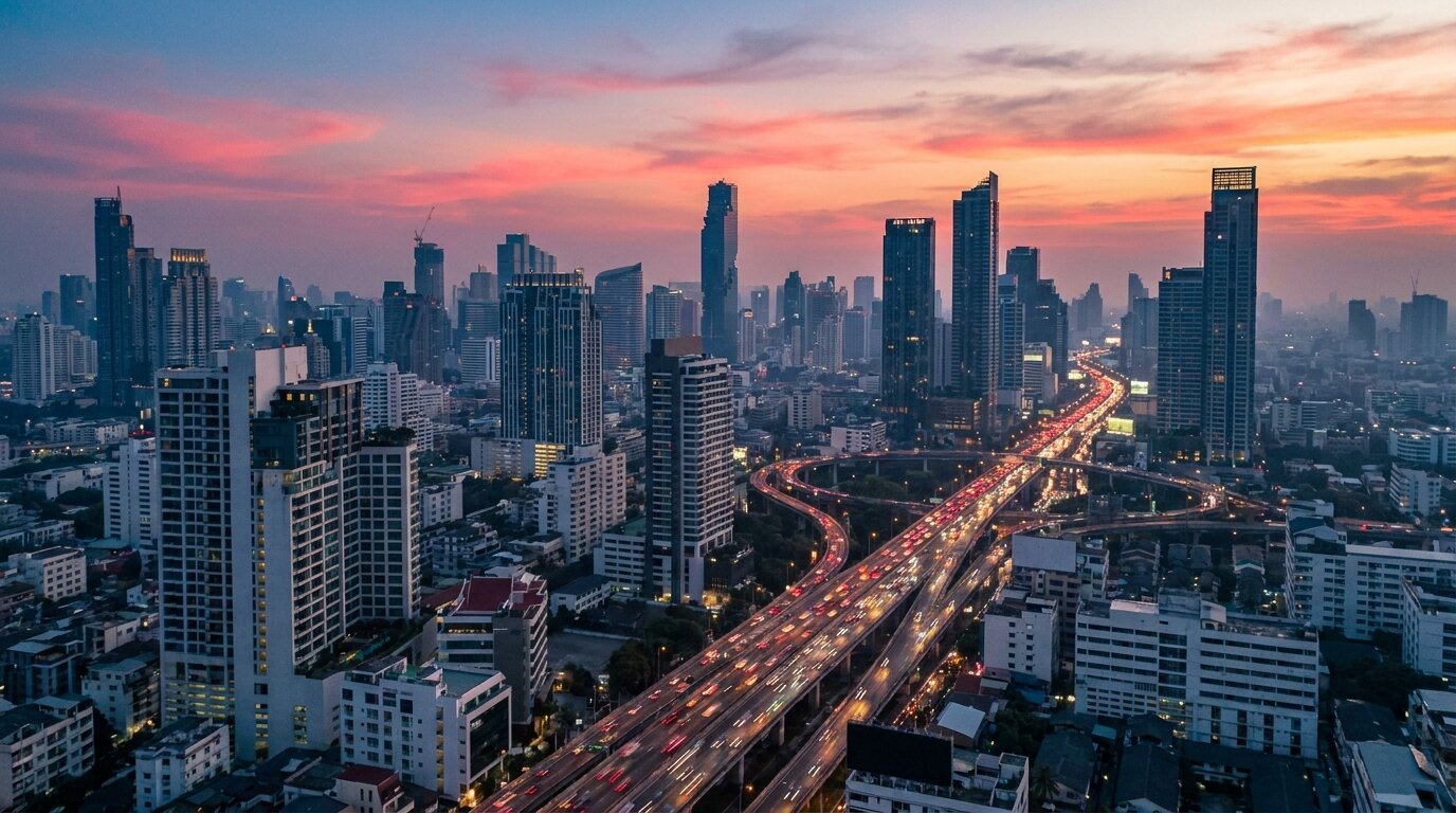 Dense Bangkok skyline at dusk illustrating the urban setting for rehab in Bangkok