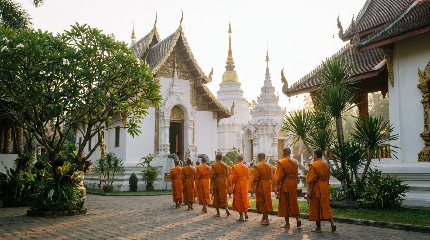 Monks walking a Chiang Mai temple courtyard at dawn — Buddhist culture context for rehab in Chiang Mai