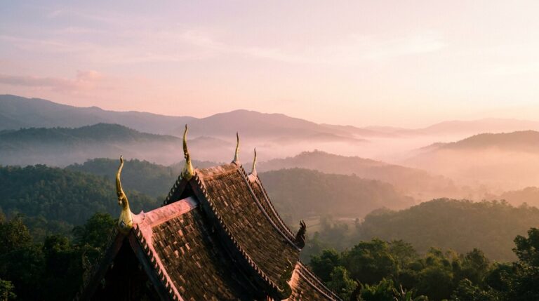 Misty Chiang Mai mountains with Lanna temple roof in golden hour light — setting for residential rehab in Thailand