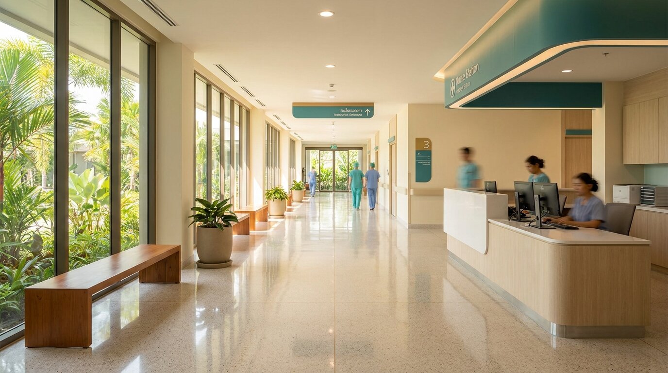 Modern hospital corridor in Thailand illustrating tertiary medical backup available for rehab in Chiang Mai