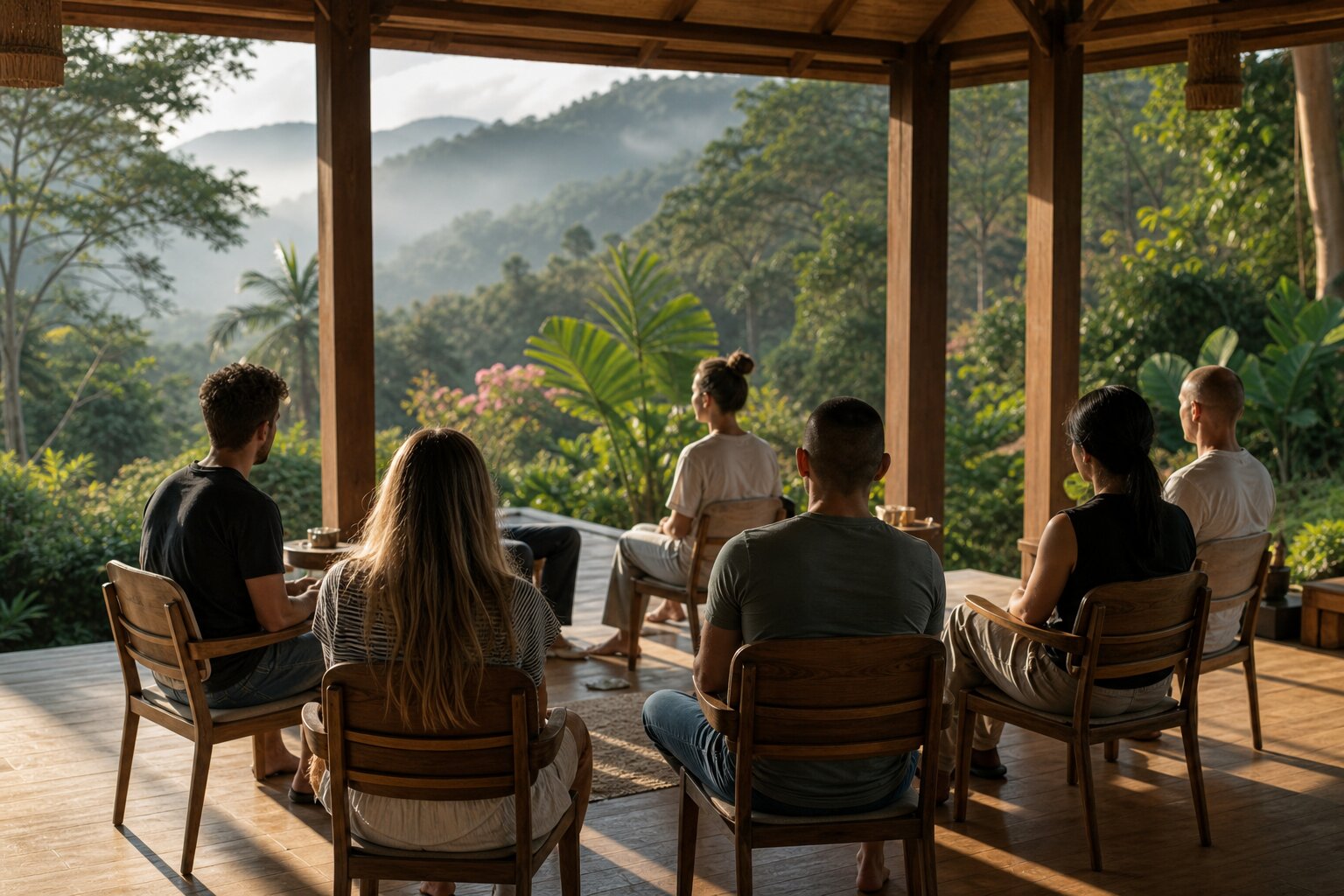 Small group aftercare therapy session in an open-air pavilion overlooking Chiang Mai mountains