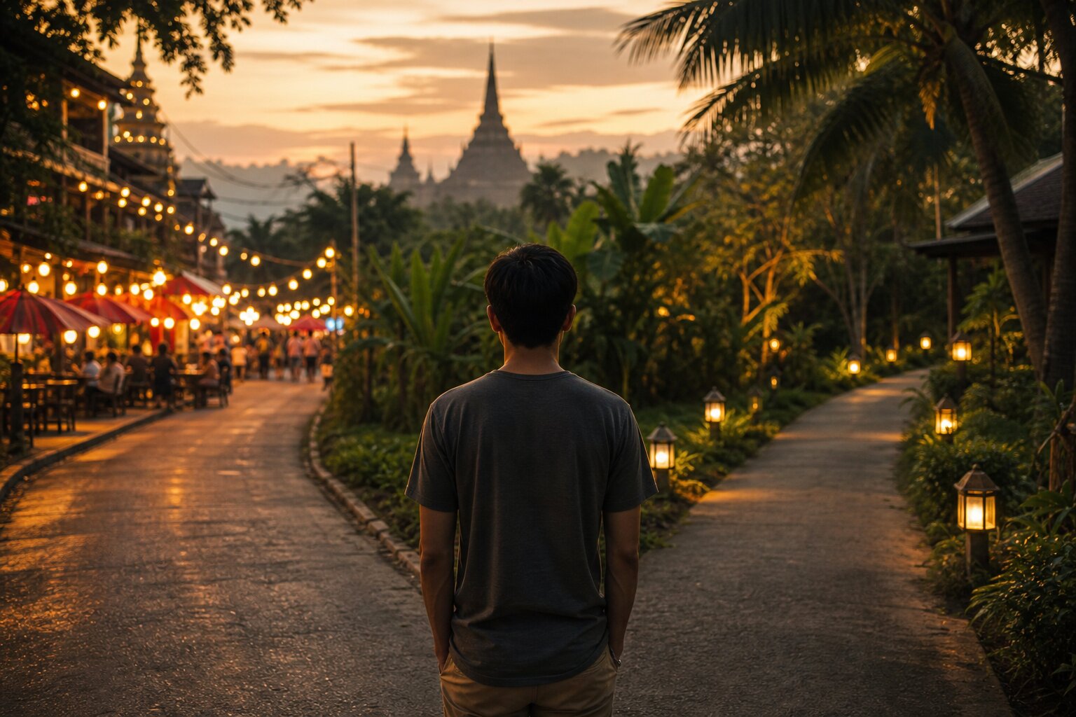 Person at a crossroads in Chiang Mai choosing between nightlife and a peaceful garden path representing environmental relapse triggers