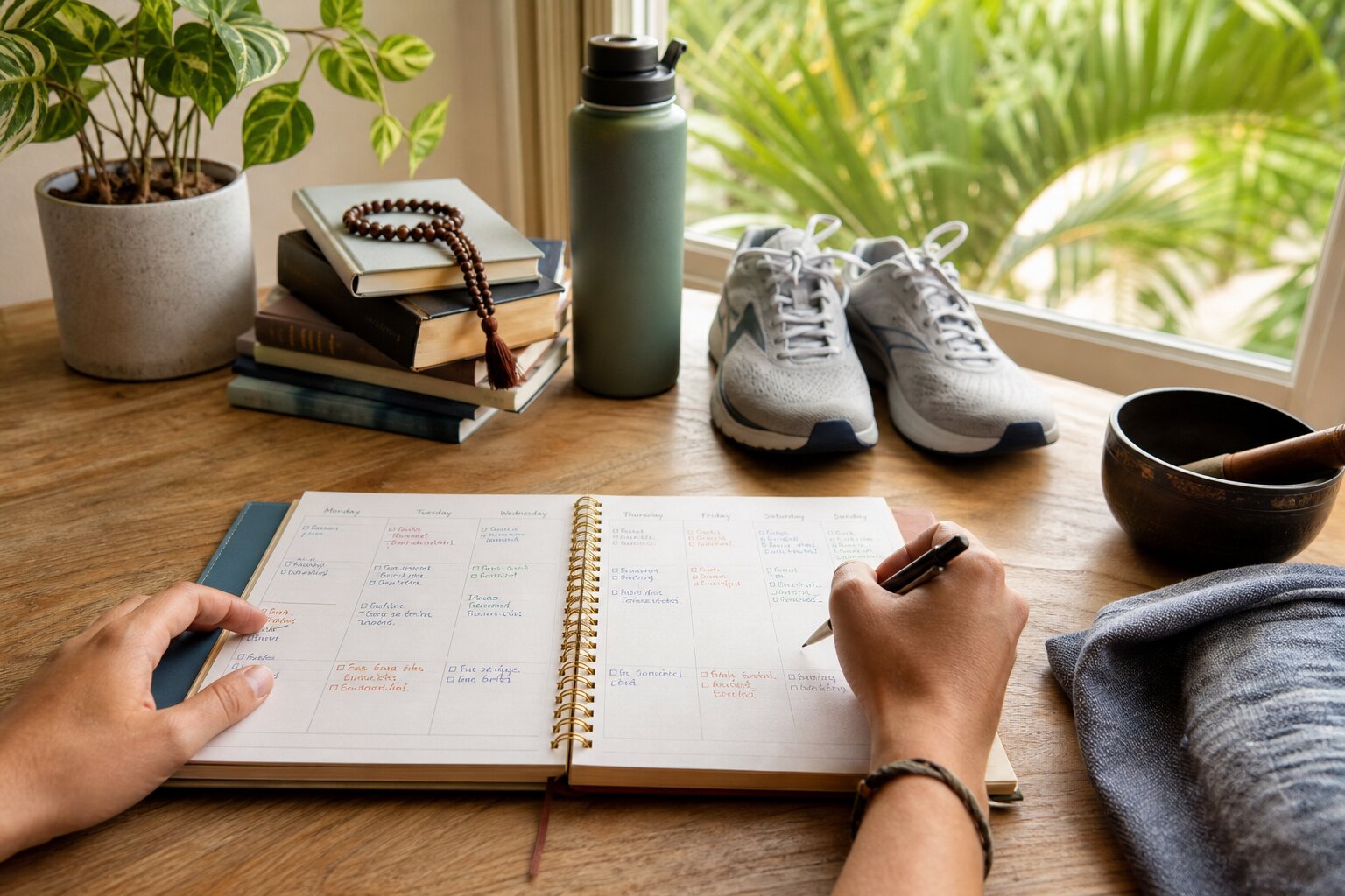 Hands writing in a weekly planner surrounded by running shoes, books, and meditation beads representing structured daily recovery routine