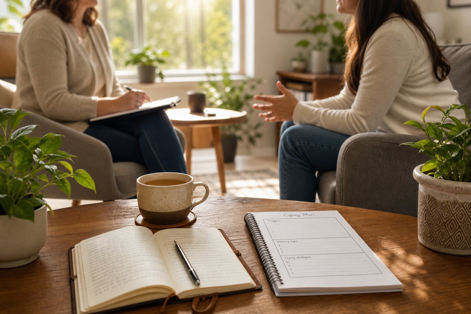 Therapist and client in a warm therapy room discussing a coping plan for stress and emotional relapse triggers