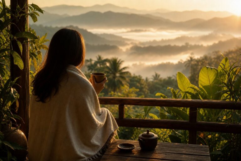 Person sitting on a wooden balcony at dawn overlooking misty Chiang Mai mountains with a cup of tea