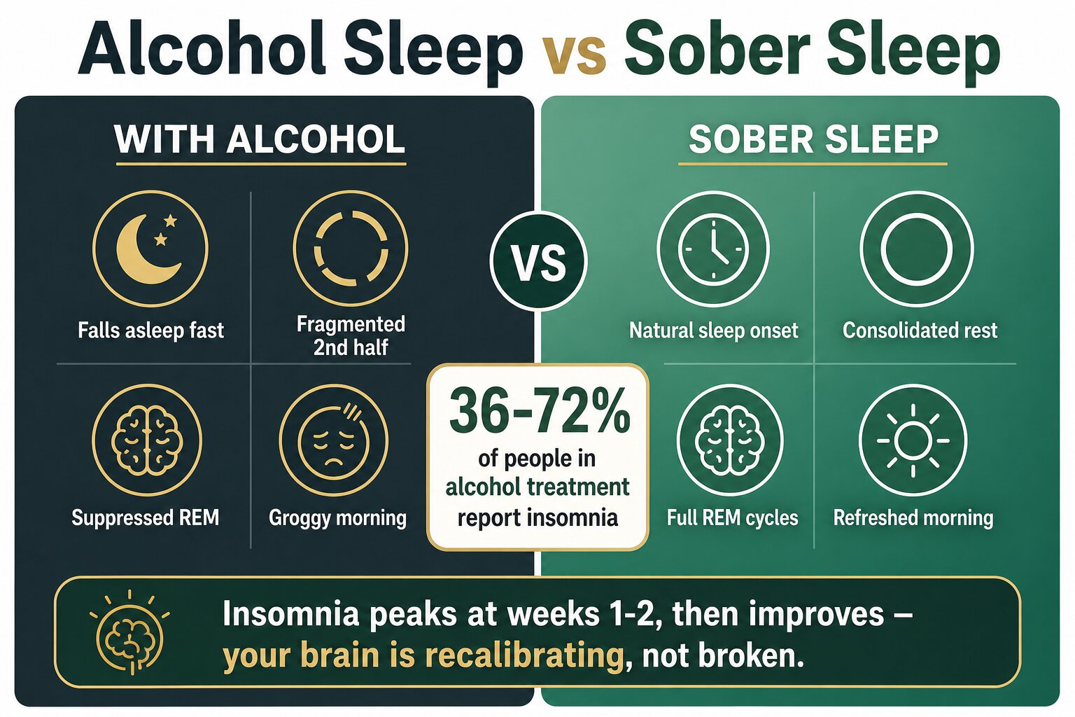 Infographic comparing alcohol-disrupted sleep with sober sleep showing key differences in sleep quality and recovery timeline
