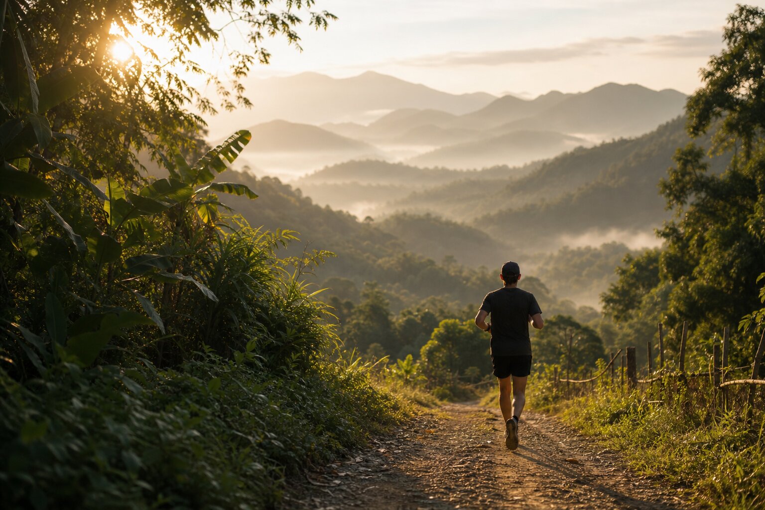 Person jogging on a dirt trail at sunrise surrounded by lush greenery and misty mountains in northern Thailand