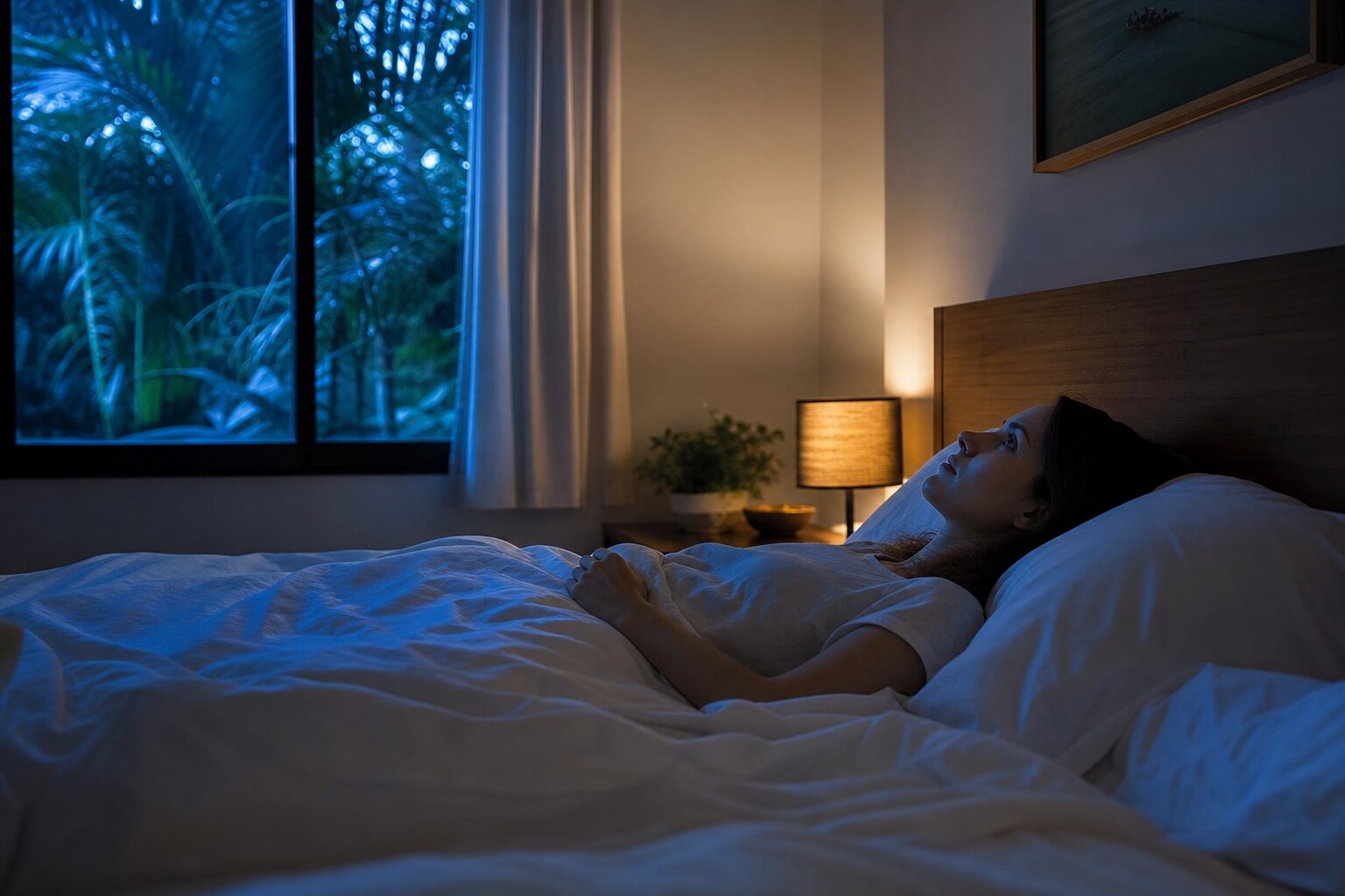 Person lying awake in bed at night unable to sleep with tropical plants visible through window