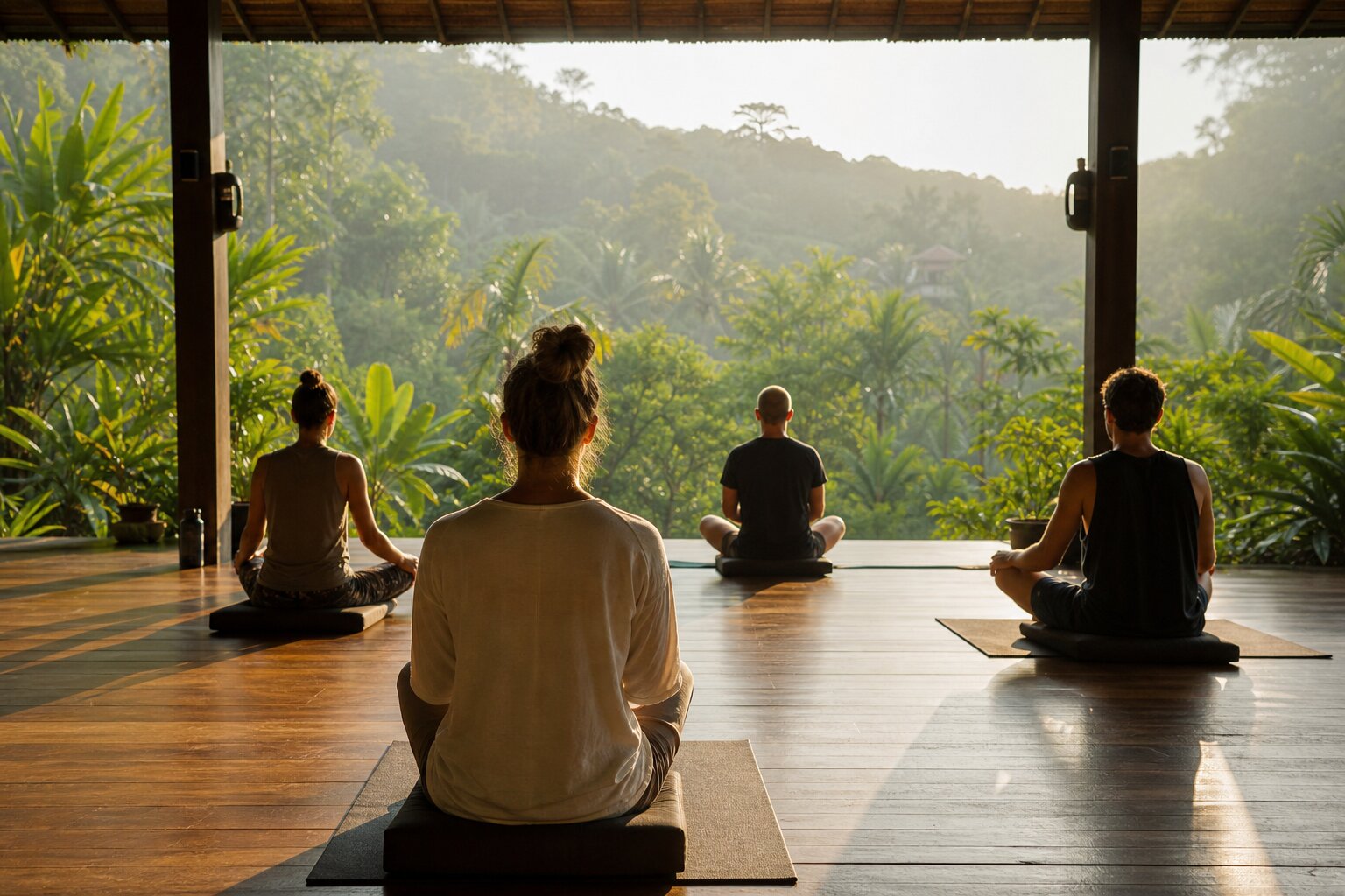 Small group seated for morning meditation in an open-air pavilion surrounded by tropical greenery at sunrise