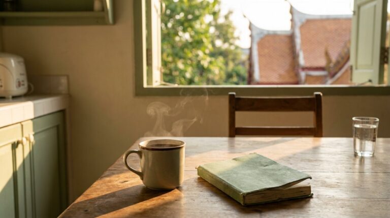 Quiet kitchen table set for a calm conversation about ketamine addiction