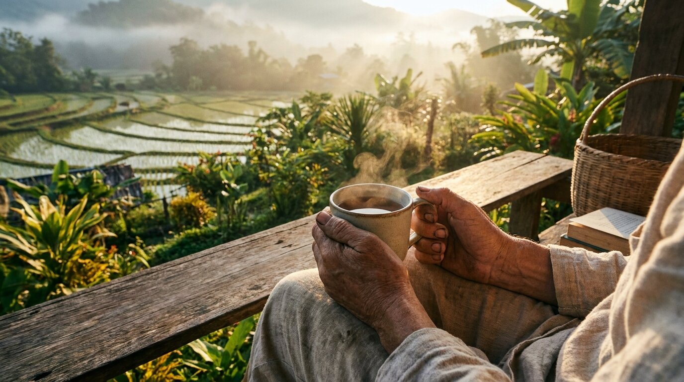 Hands holding a warm mug at sunrise, representing self-care for families dealing with ketamine addiction
