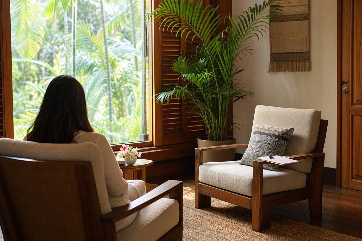 Calm individual therapy session in a warm treatment room with tropical greenery outside the window