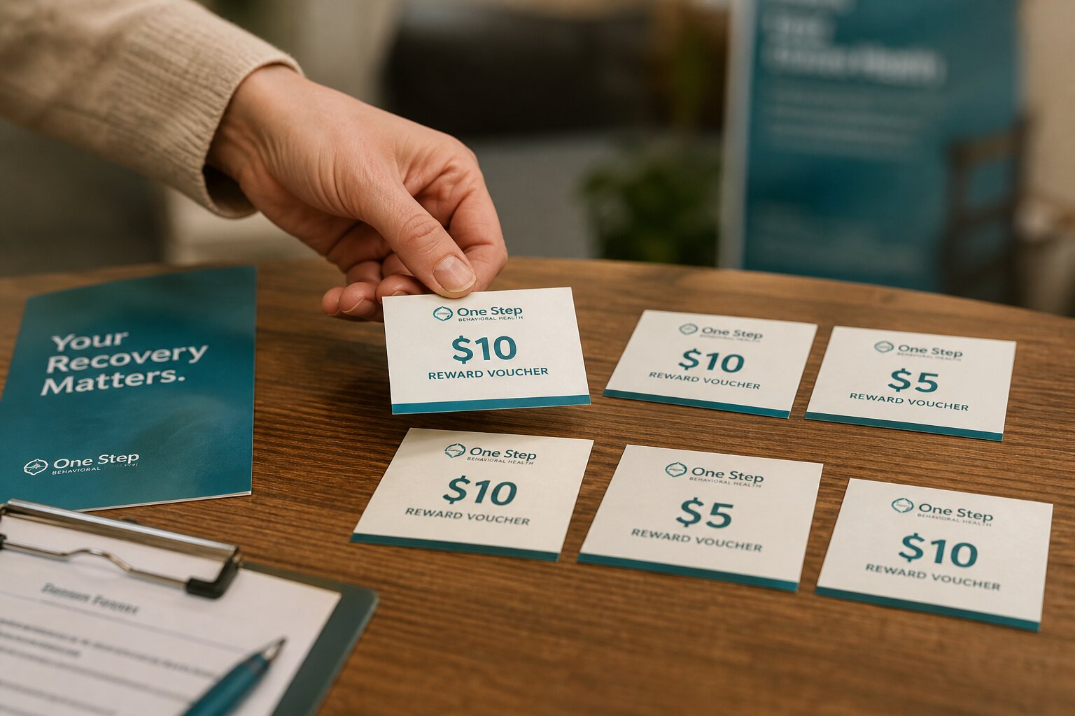 Hands placing reward vouchers on a table representing contingency management therapy for cocaine addiction