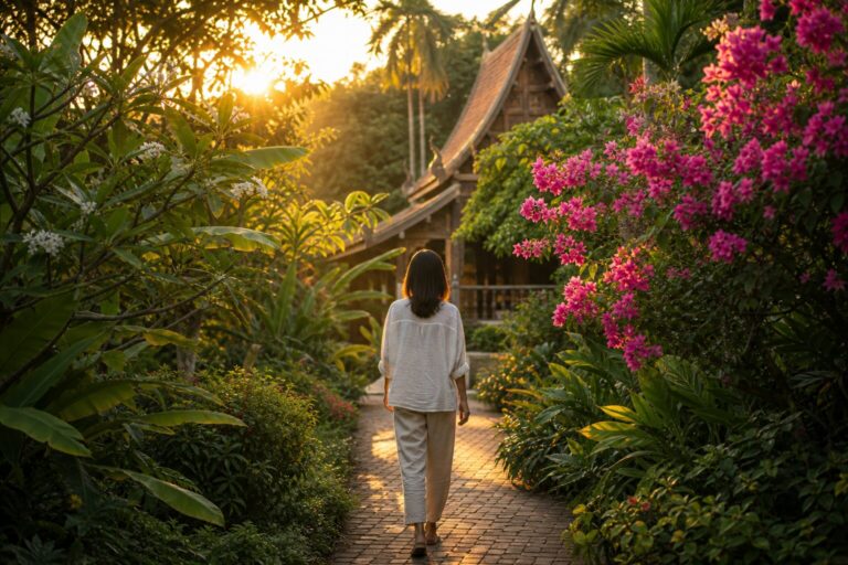 Person walking a peaceful garden path in Chiang Mai Thailand at golden hour representing the journey of cocaine addiction recovery