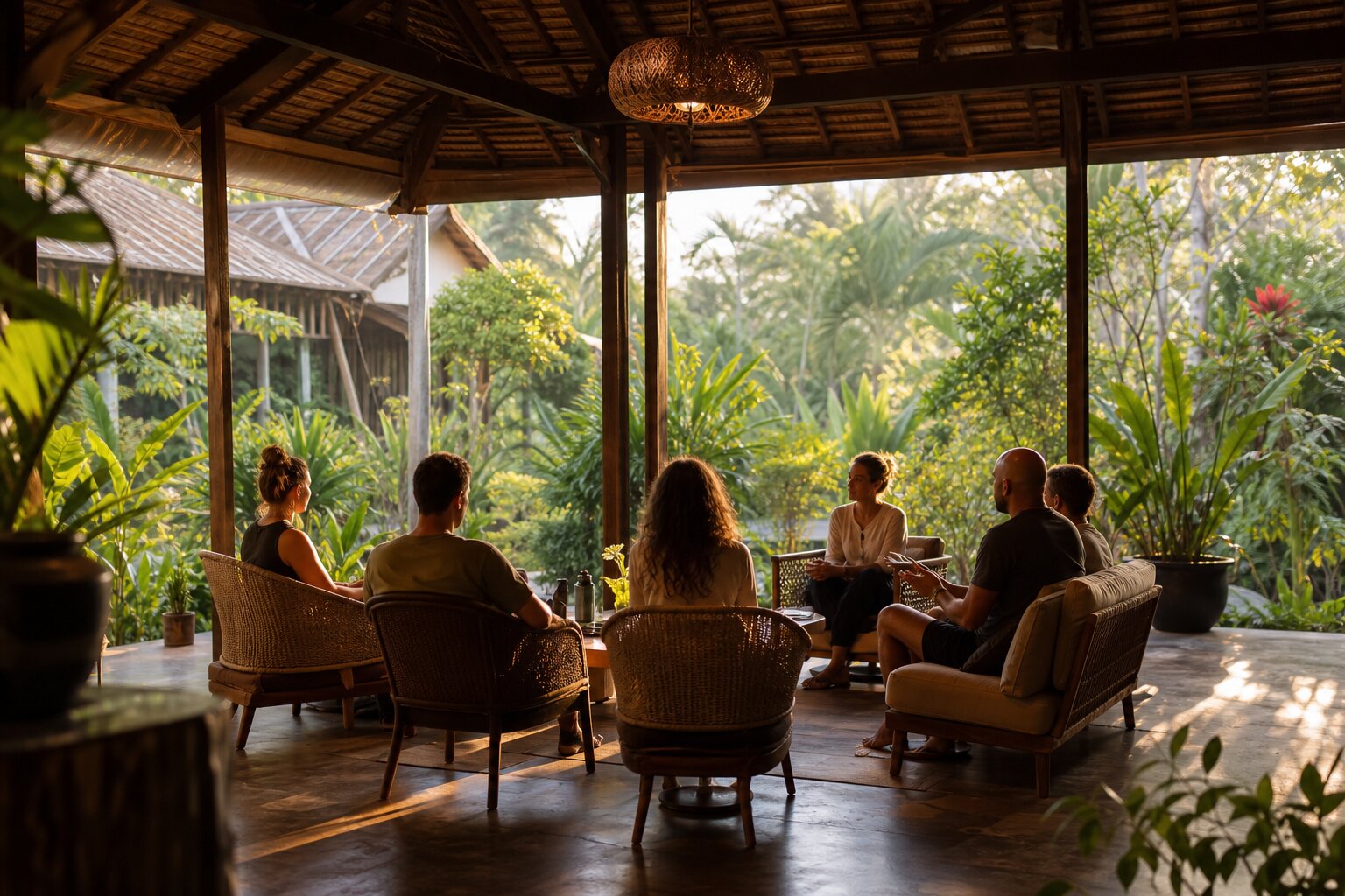 Group therapy session in an open-air pavilion surrounded by tropical gardens in Chiang Mai Thailand