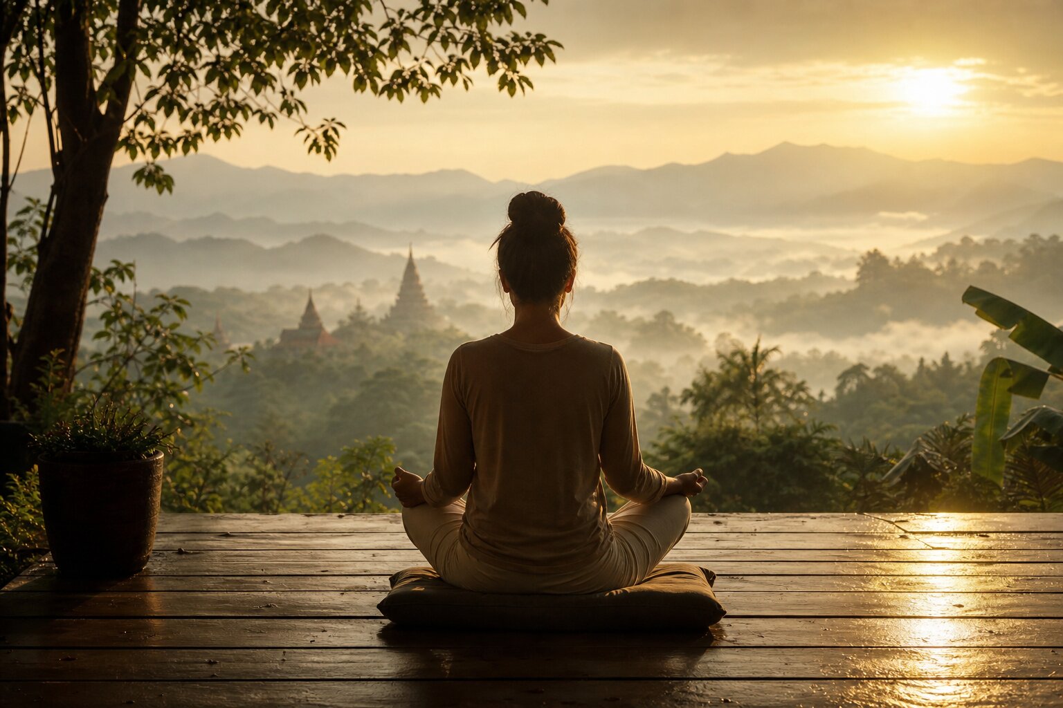 Person meditating at sunrise on a wooden deck overlooking misty Chiang Mai mountains and temples