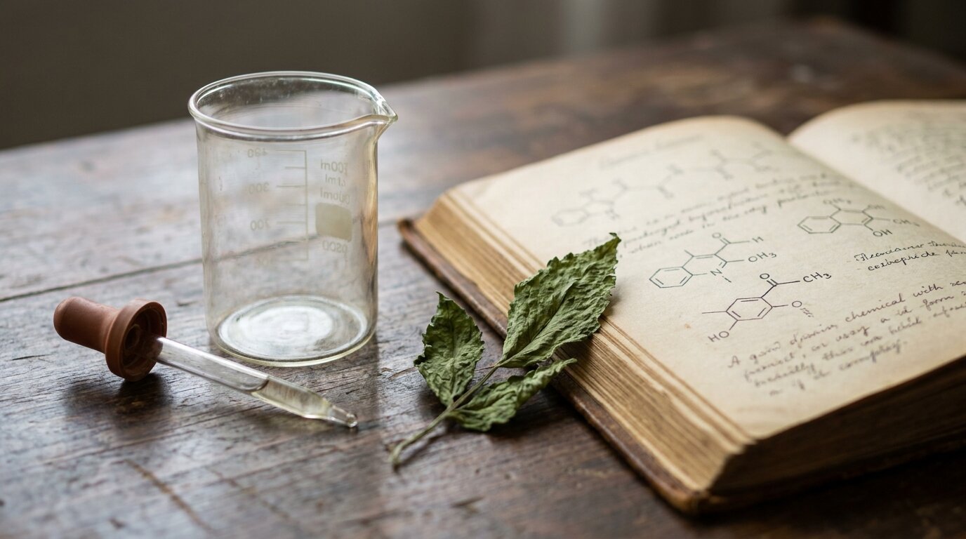 Glass beaker and chemistry textbook illustrating the different chemical forms of cocaine