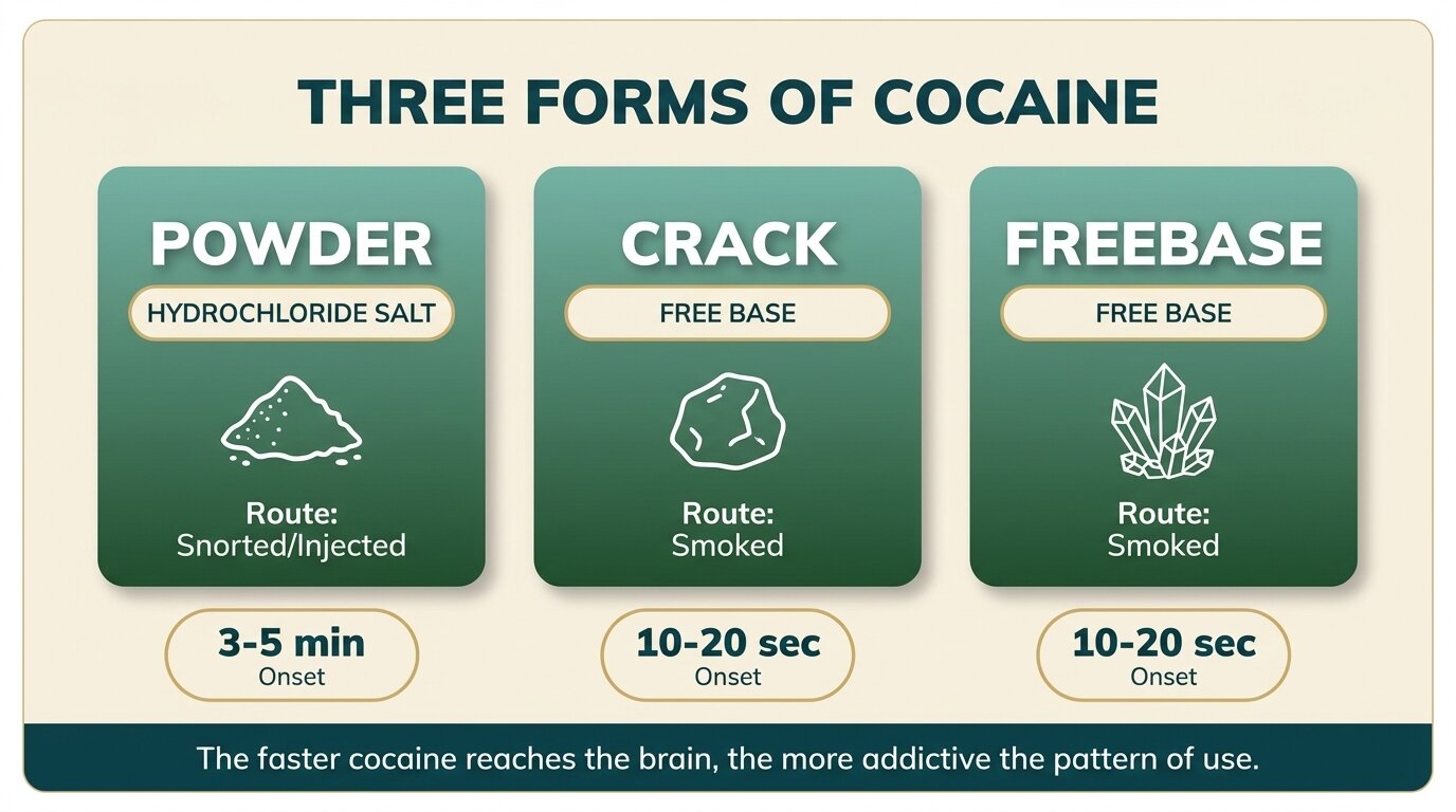 Infographic comparing powder, crack, and freebase types of cocaine