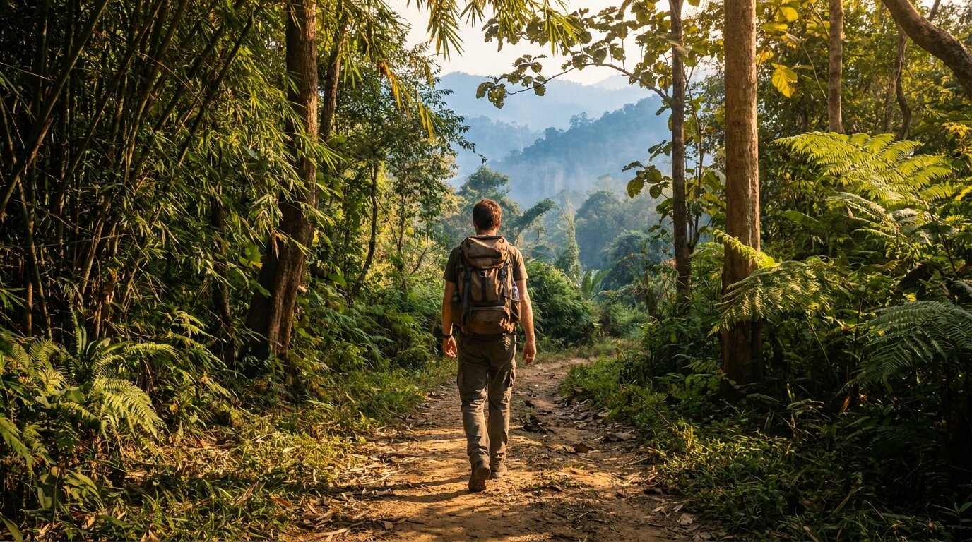 Person walking along a forested mountain path in Thailand representing committed action in ACT for addiction recovery