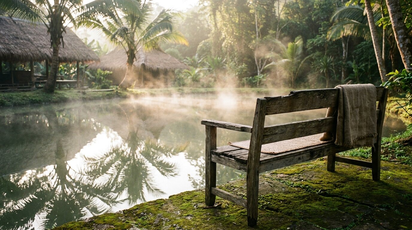 Quiet wooden bench beside a calm tropical pond representing acceptance of difficult internal experience in ACT for addiction