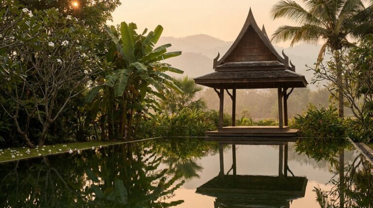 Peaceful meditation sala overlooking a reflecting pool in Northern Thailand, evoking acceptance and stillness