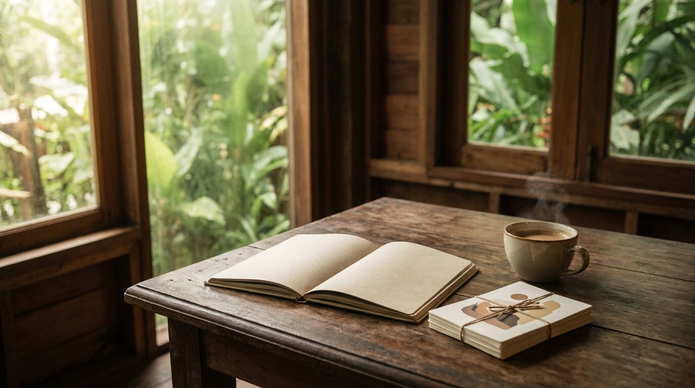Journal and values cards on a wooden table representing values clarification in Acceptance and Commitment Therapy