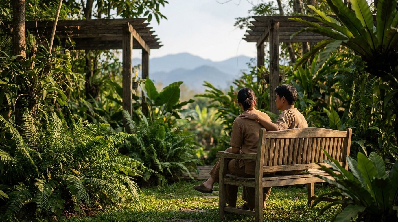 Family conversation in garden representing family integration in meth aftercare
