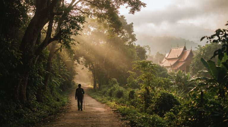 Hopeful sunrise mountain path representing long-term meth recovery in Thailand