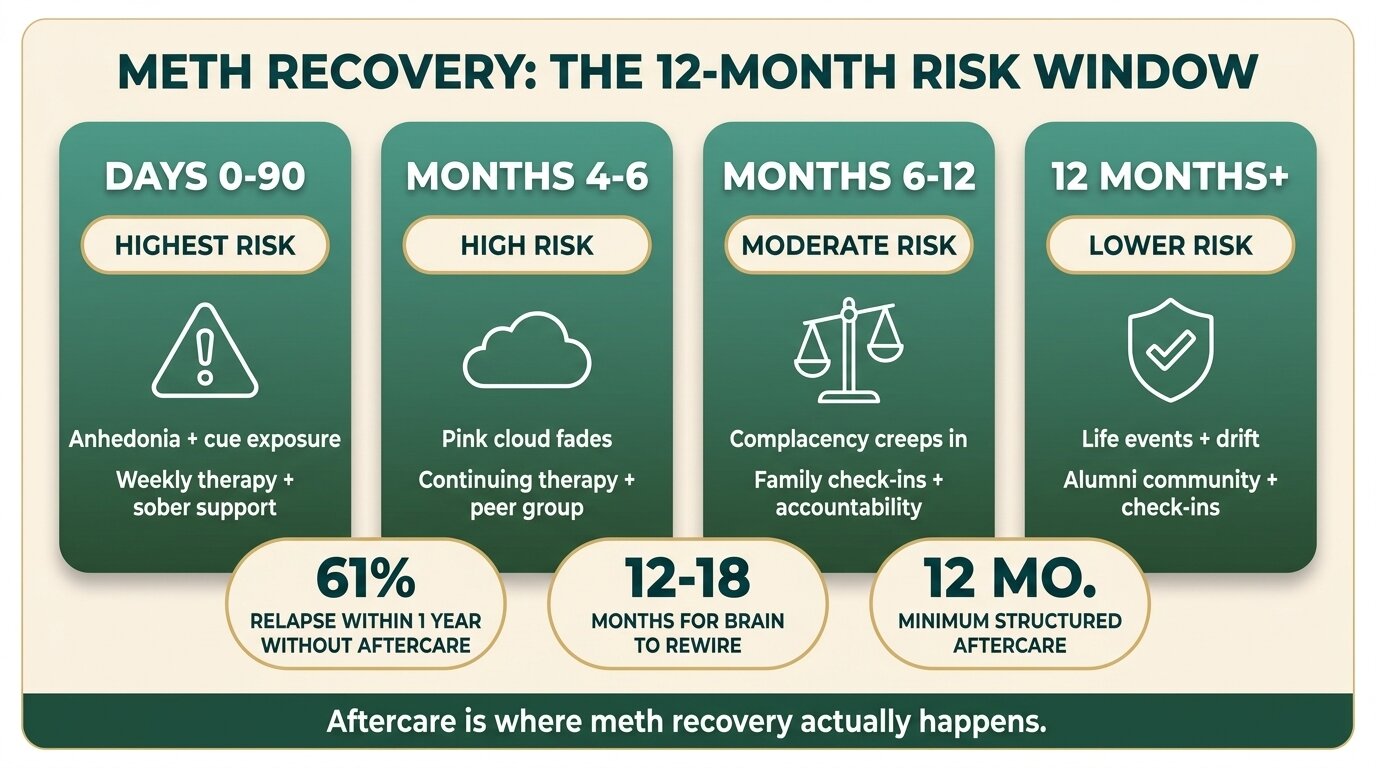 Infographic showing the 12-month risk window and benefits of aftercare in meth recovery