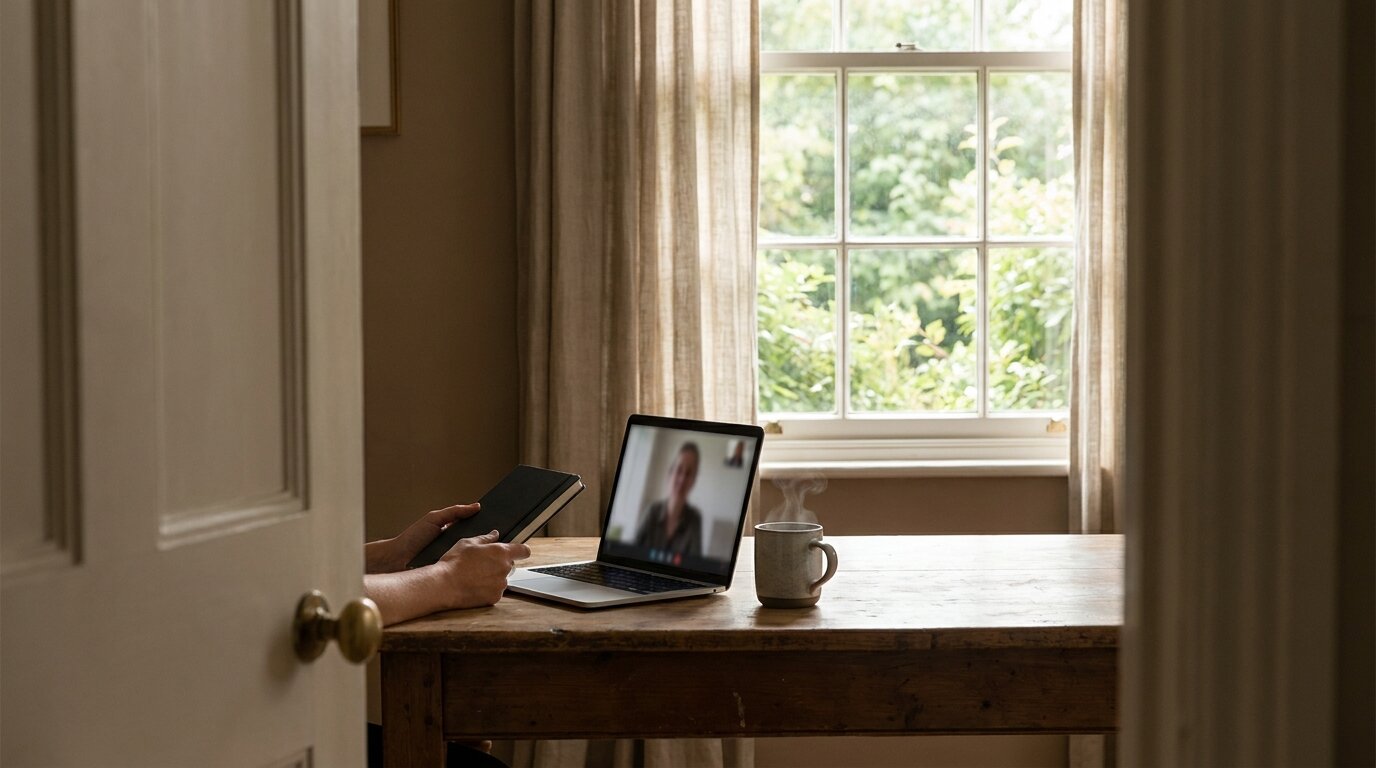 Laptop and tea on a wooden table representing weekly meth aftercare counsellor calls