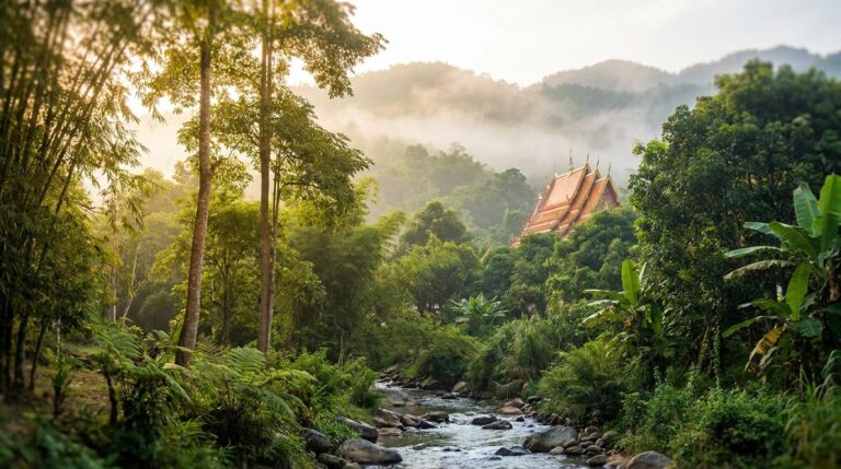 Misty Chiang Mai mountains and forest at sunrise, healing setting for alternative therapies for addiction