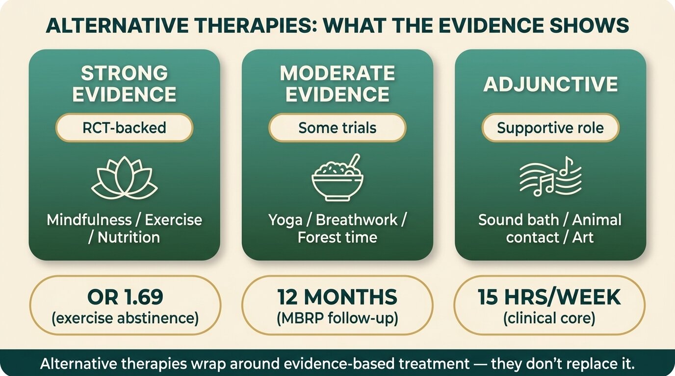 Infographic showing evidence tiers for alternative therapies for addiction in Chiang Mai: strong, moderate, adjunctive