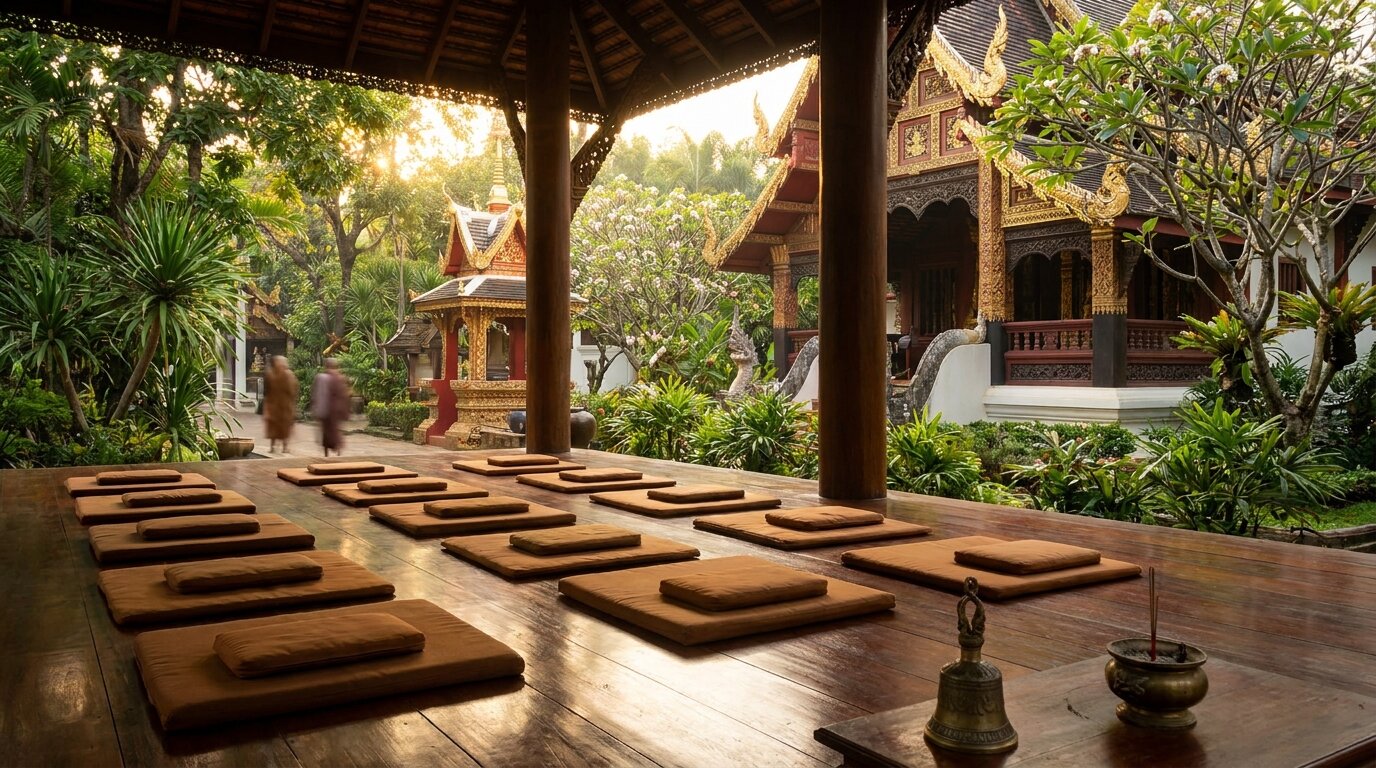 Traditional Thai temple pavilion with meditation cushions, mindfulness setting for addiction recovery in Chiang Mai