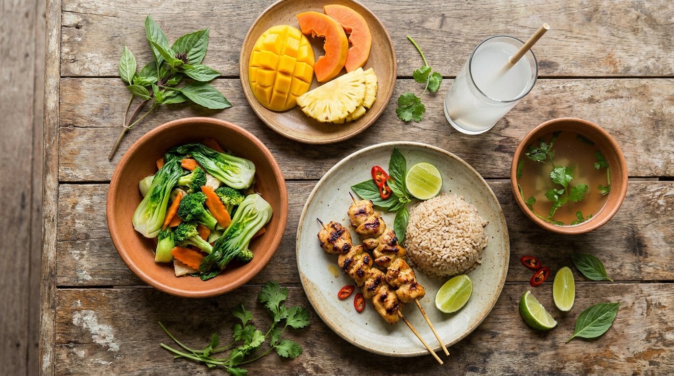 Chef-prepared Thai meal with protein, vegetables, and fruit supporting nutrition therapy for addiction