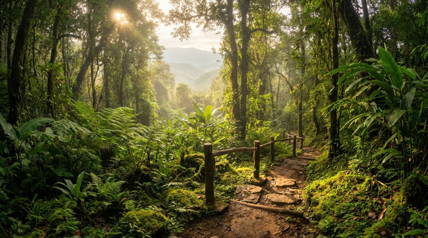 Lush forest hiking trail through Chiang Mai mountains, used for outdoor therapy in addiction recovery