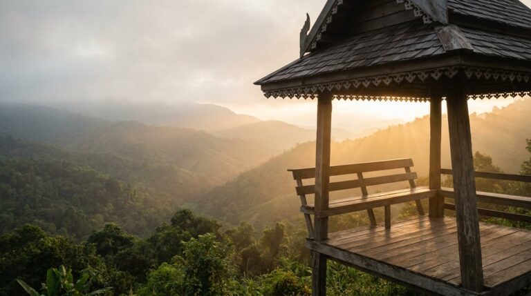 Calm Thai mountain pavilion at sunrise representing recovery from anxiety and alcohol addiction