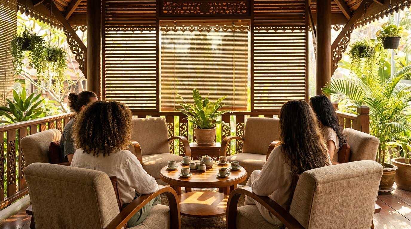 Small group therapy session in a Thai pavilion treating anxiety and alcohol addiction together at One Step Rehab