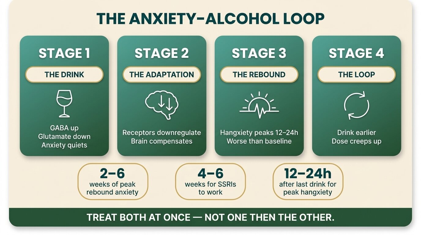 Infographic showing the four-stage anxiety and alcohol addiction loop from the first drink to receptor adaptation, rebound anxiety, and escalating dose