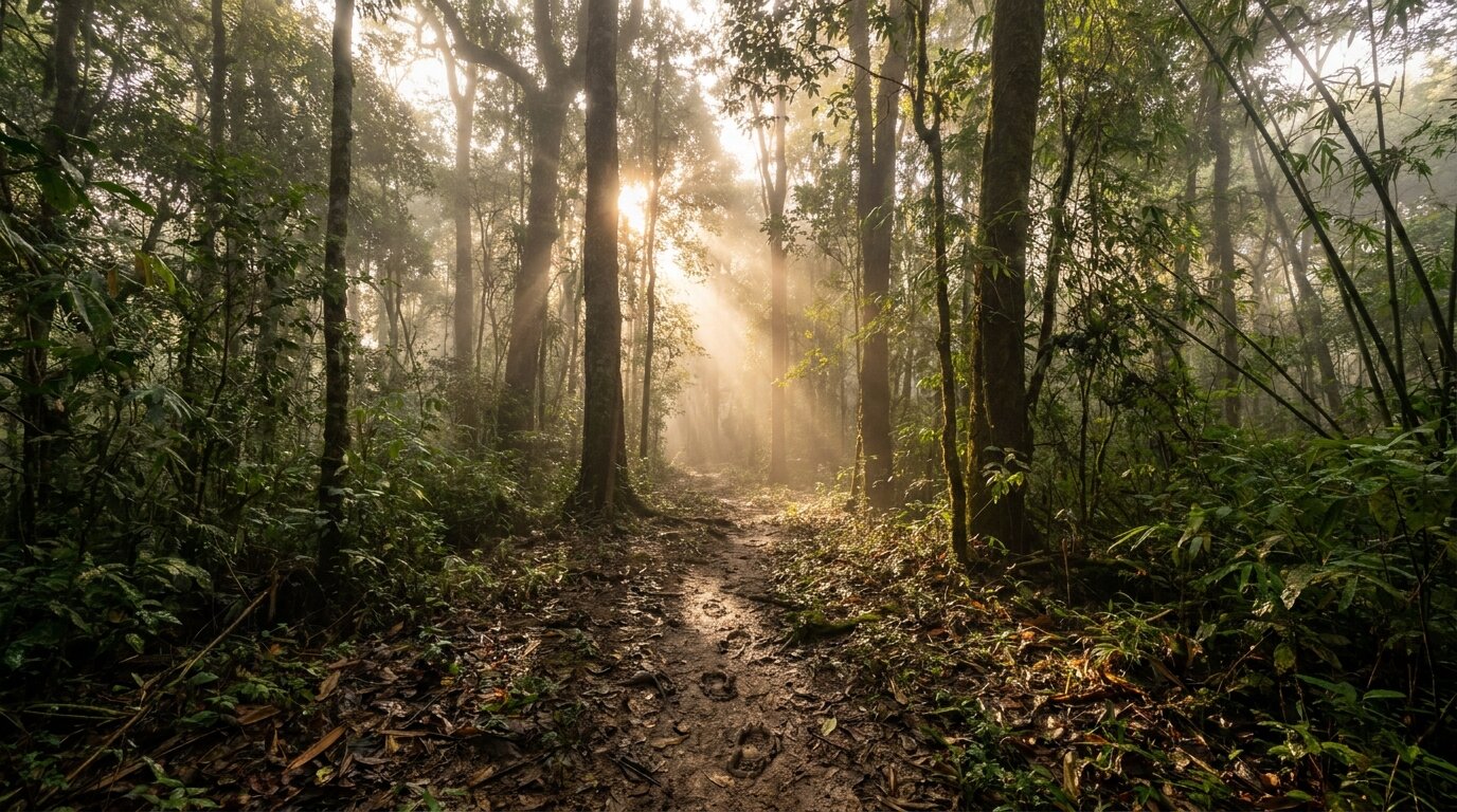 Misty forest trail at sunrise representing the path through early sobriety from anxiety and alcohol addiction