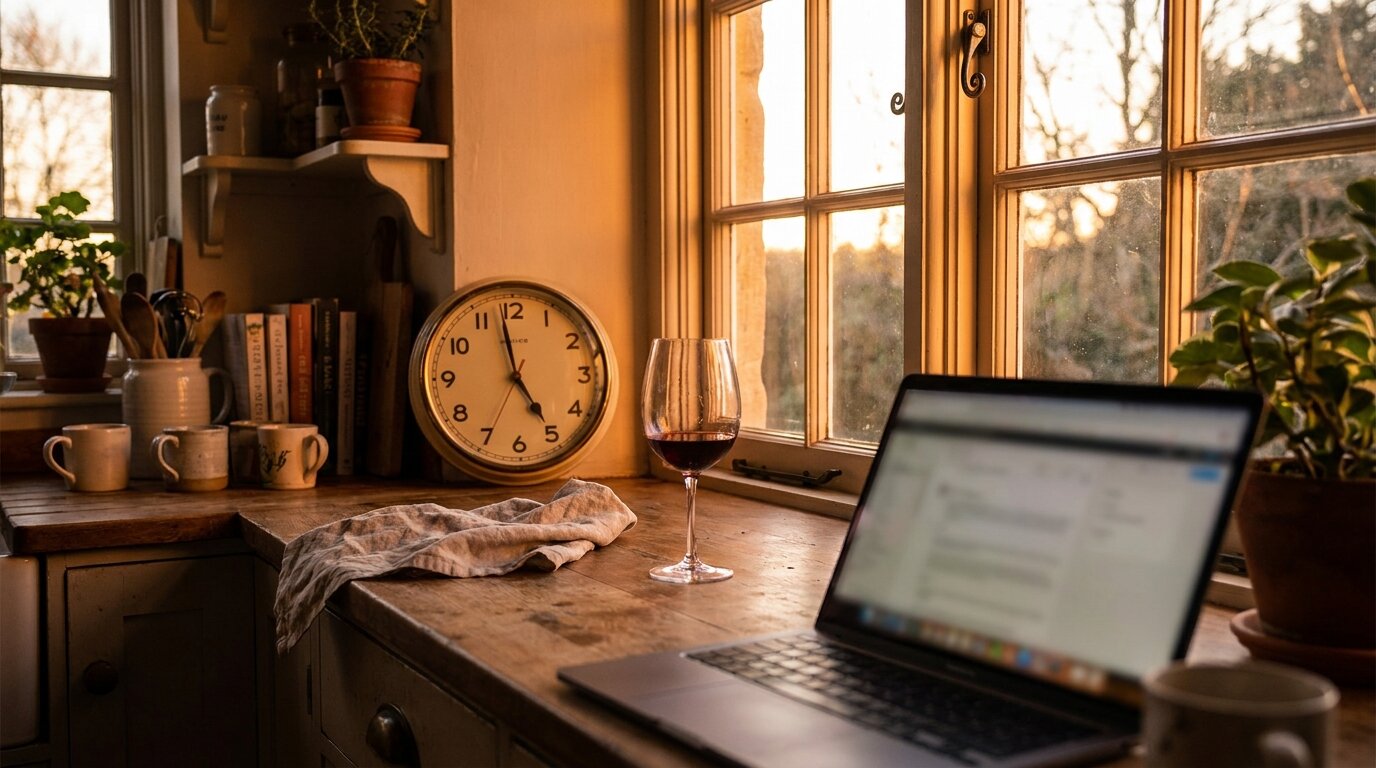 A wine glass on a kitchen counter at dusk illustrating the wine o'clock self-medication pattern in anxiety and alcohol addiction