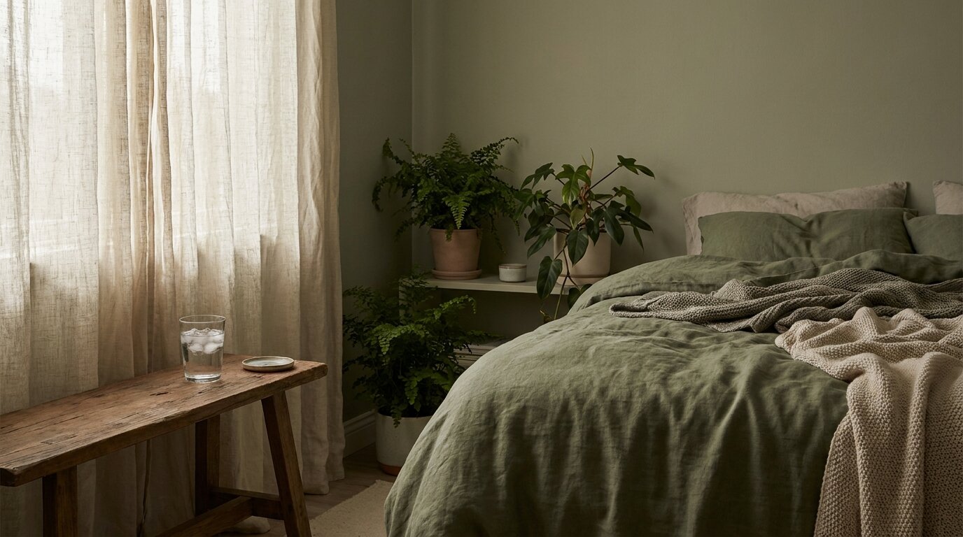 Calm dimly lit bedroom corner with cold water — a grounding space to ride out a cannabis panic attack